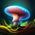 beautiful closeup fantasy magic mushroom in fairy forest, fireflies background