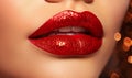 Beautiful closeup with female plump lips with red color makeup. Shine style.