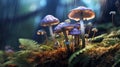 beautiful closeup of forest mushrooms in grass, autumn season. little fresh mushrooms, growing in Autumn Forest Royalty Free Stock Photo