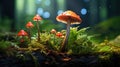 beautiful closeup of forest mushrooms in grass, autumn season. little fresh mushrooms, growing in Autumn Forest Royalty Free Stock Photo