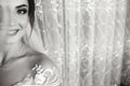 Beautiful closeup portrait of bride. Girl stand in luxury wedding dress near window. Black and white Royalty Free Stock Photo