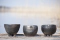 Beautiful closeup of three unique planters of black pottery in summer morning sunlight Royalty Free Stock Photo