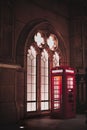 Beautiful closeup view telephone booth against the beautiful building