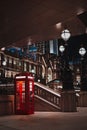 Beautiful closeup view telephone booth next to the stairs with beautiful street lights