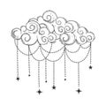 Beautiful cloud in bohemian style, linear hand drawn illustration. Vector boho illustration, cloud with jewelry and