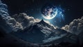 Beautiful cloud landscape. Night sky with a bright full moon and dark clouds over a mountain range. Serene natural background Royalty Free Stock Photo