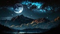 Beautiful cloud landscape. Night sky with a bright full moon and dark clouds over a mountain range. Serene natural background Royalty Free Stock Photo