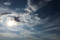 Clouds on blue sky background. Weather nature blue sky with white cloud and sun.