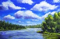 Beautiful clouds in blue sky, green forest reflected in river, summer landscape