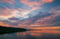 Beautiful clouds and colorful water in lake reflected in evening