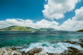 Beautiful cloudscape near Fiskardo, Kefalonia, Ionian islands, Greece. Crystal clear transparent blue turquoise teal Royalty Free Stock Photo