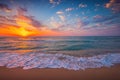 Tropical sunrise over ocean waves and beach shore, sea horizon nature landscape Royalty Free Stock Photo