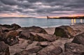 Beautiful cloudy dramatic sunset at Salthill beach in Galway, Ireland Royalty Free Stock Photo