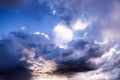 Beautiful cloudy sky with glimpses of the sun. Sunset sun with clouds in the sky Royalty Free Stock Photo