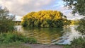 A beautiful cloudy sky at sunset over the lake. The branches of trees and bushes, illuminated by the rays of the setting sun, lean Royalty Free Stock Photo