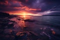 Beautiful cloudy sunset over the sea shore at night. Generative AI