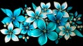 beautiful cluster of teal and white flowers with shiny pearls and leaves on a black background