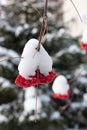 Beautiful clusters of red mountain ash covered with a snow cap. Blurred background