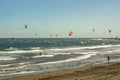 Beautiful coastal view of El Medano beach. Shining clear blue sky over Horizon line, wave ripples on the turquoise water. Wind and