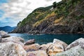 Beautiful coastline of Mediterranean sea near Vernazza town in Liguria, Italy Royalty Free Stock Photo