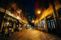 The beautiful cobblestone Marshall Street at night, in Boston, M