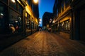 The beautiful cobblestone Marshall Street at night, in Boston, M