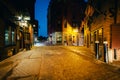 The beautiful cobblestone Marshall Street at night, in Boston, M