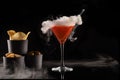 Beautiful cocktail on black background with dry ice smoke