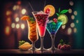 Beautiful cold cocktails drinks on the bar background, refreshing tasty alcoholic and non-alcoholic drinks, generated ai