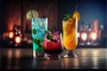 Beautiful cold cocktails drinks on the bar background, tasty alcoholic and non-alcoholic drinks, generated ai