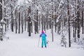 Beautiful cold forest view of ski run track on ski resort, winter day on a slope, pist, nordic skier on the track in winter,