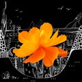 Beautiful collage with big orange cosmos flower on black and white drawing of fantasy landscape