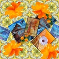 Beautiful collage with drawings of landscapes with houses and flowers on ornament background. Seamless pattern