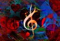 Beautiful collage with hearts and music notes and music clefs, symbolizining the love to music.