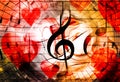 Beautiful collage with hearts and music notes and music clefs, symbolizining the love to music.