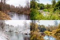 Beautiful collage of 4 seasons, different pictures but same place of an river in wilderness. Spring foliage, green fresh bright su Royalty Free Stock Photo