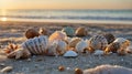 Seashells collection scattered on the beach during sunset with soft focus on the ocean Royalty Free Stock Photo