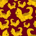 Beautiful colombian ancient indigenous golden feline representation seamless pattern