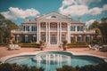 Beautiful Colonial Style Luxury House Home Building with Swimming Pool and Garden on a Bright Day Royalty Free Stock Photo
