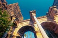 Beautiful colonnaded facade of entry arch of Hadrian`s Gate in historical center of Antalya