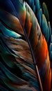 Beautiful color feather on black background, closeup. Bird feather texture