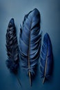Beautiful color feathers on blue background. Flat lay, top view.