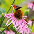 Beautiful colored European Peacock butterfly Inachis io, Aglais io on purple flower Echinacea in sunny garden Royalty Free Stock Photo