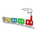 Beautiful colored hand-drawn black vector illustration of toy train with four wagons isolated on a white background for coloring