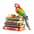 Beautiful colored parrot sits on stack of vintage books, close-up on white,