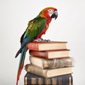 Beautiful colored parrot sits on stack of vintage books, close-up on white,