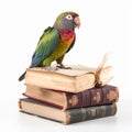 Beautiful colored parrot sits on a stack of vintage books, close-up on white,