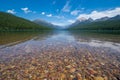 Beautiful colored rocks and pebbles on the shores of Bowman Lake in Glacier National Park Montana. Wide angle view Royalty Free Stock Photo