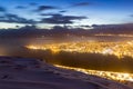 Aerial view of a winter storm approaching the city Tromso, Norway Royalty Free Stock Photo