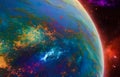 Beautiful colorful alien world exoplanet from outer space.
